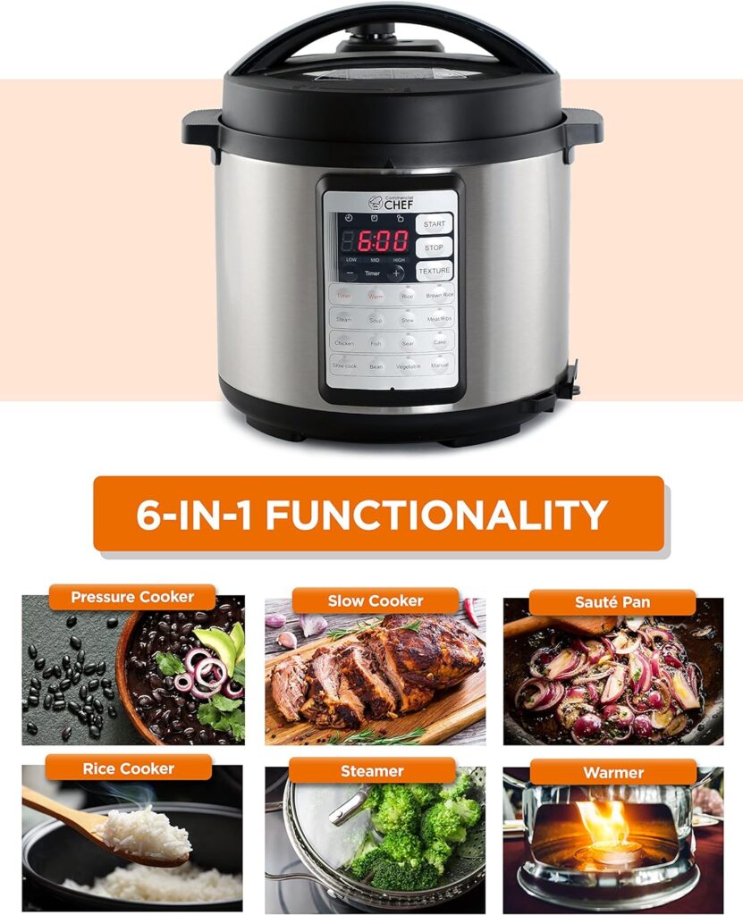 Commercial Chef Electric Pressure Cooker 6.3 Quarts, 24-Hour Preset Timer, Stainless Steel Interior with Safety Features