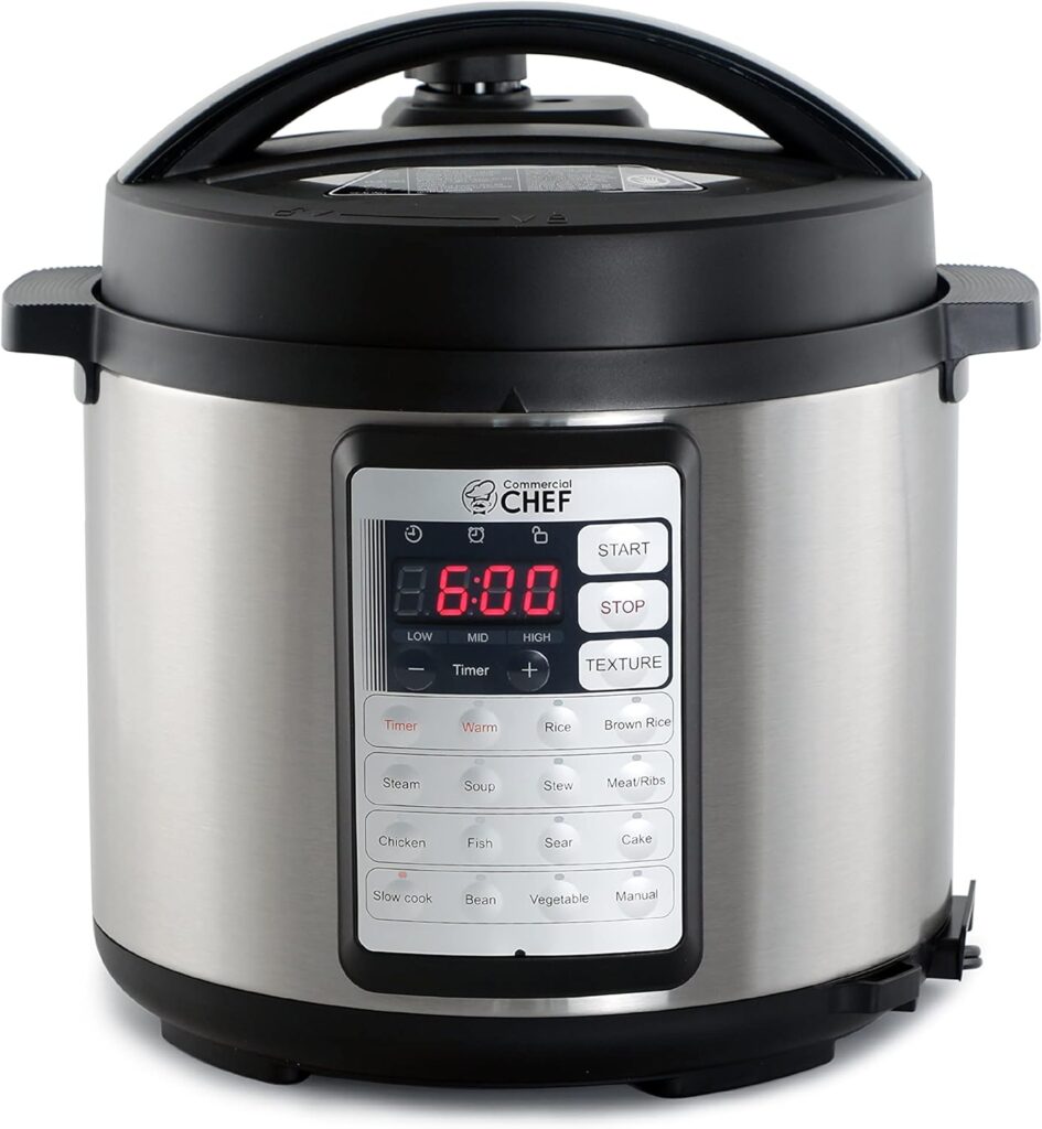 Commercial Chef Electric Pressure Cooker 6.3 Quarts, 24-Hour Preset Timer, Stainless Steel Interior with Safety Features