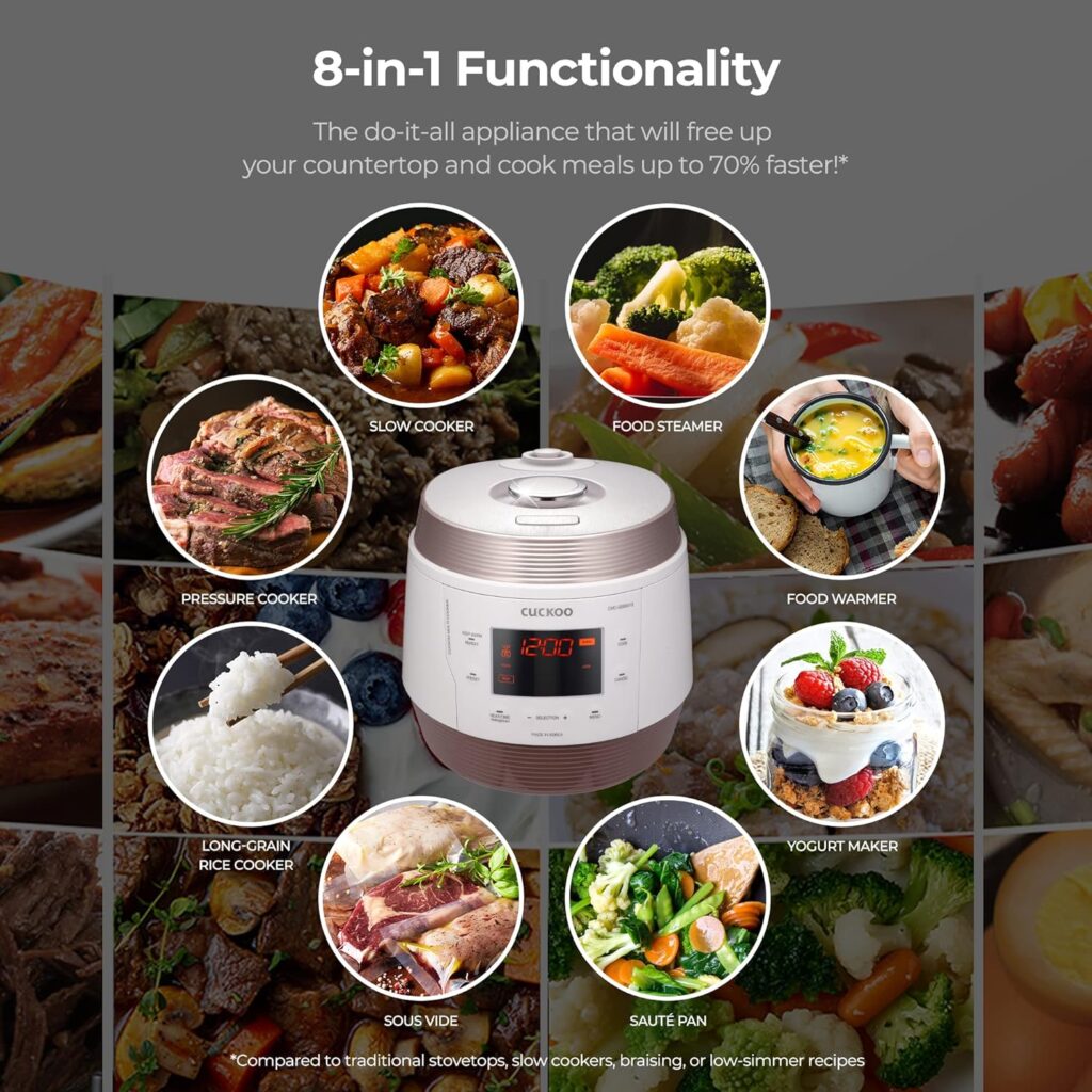 CUCKOO CMC-QSB501S | 5QT. Premium 8-in-1 Electric Pressure Cooker | 10 Menu Options: Slow Cooker, Sauté, Steamer, Yogurt, Soup Maker  More, Stainless Steel Inner Pot, Made in Korea | White/Copper