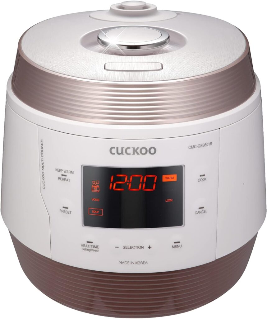 CUCKOO CMC-QSB501S | 5QT. Premium 8-in-1 Electric Pressure Cooker | 10 Menu Options: Slow Cooker, Sauté, Steamer, Yogurt, Soup Maker  More, Stainless Steel Inner Pot, Made in Korea | White/Copper