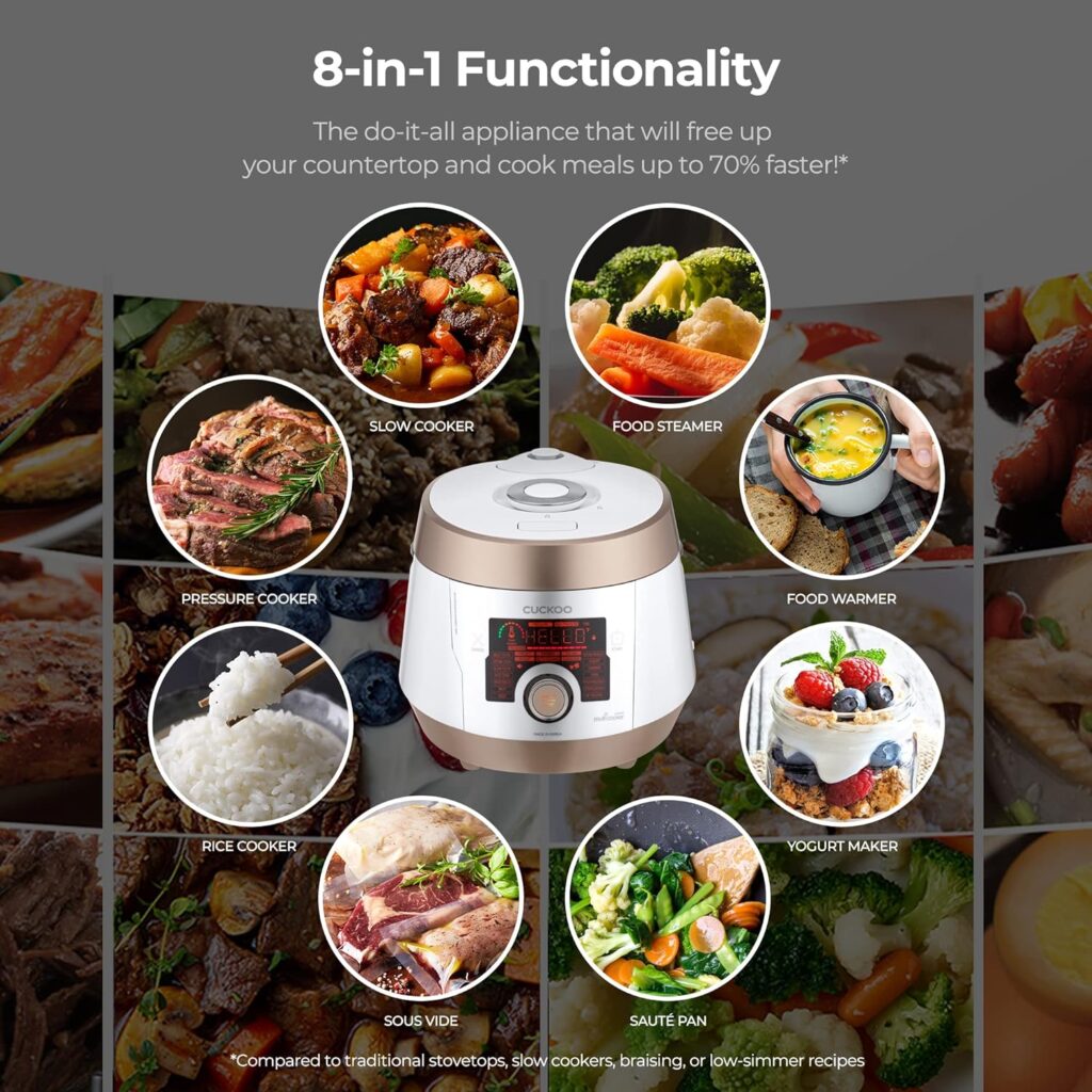 Cuckoo Multi Pressure Cooker, CMC-ASB501F, A50 Premium Series 8 in 1 (Pressure, Slow, Rice Cooker, Browning Fry, Steamer, Warmer, Yogurt, Soup Maker)18+ Smart Options, Stainless Steel, 5QT, GOLD/WHITE