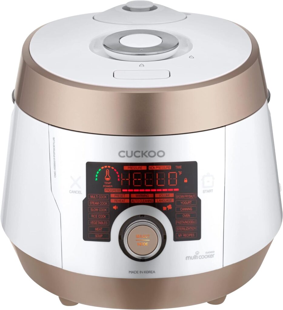 Cuckoo Multi Pressure Cooker, CMC-ASB501F, A50 Premium Series 8 in 1 (Pressure, Slow, Rice Cooker, Browning Fry, Steamer, Warmer, Yogurt, Soup Maker)18+ Smart Options, Stainless Steel, 5QT, GOLD/WHITE