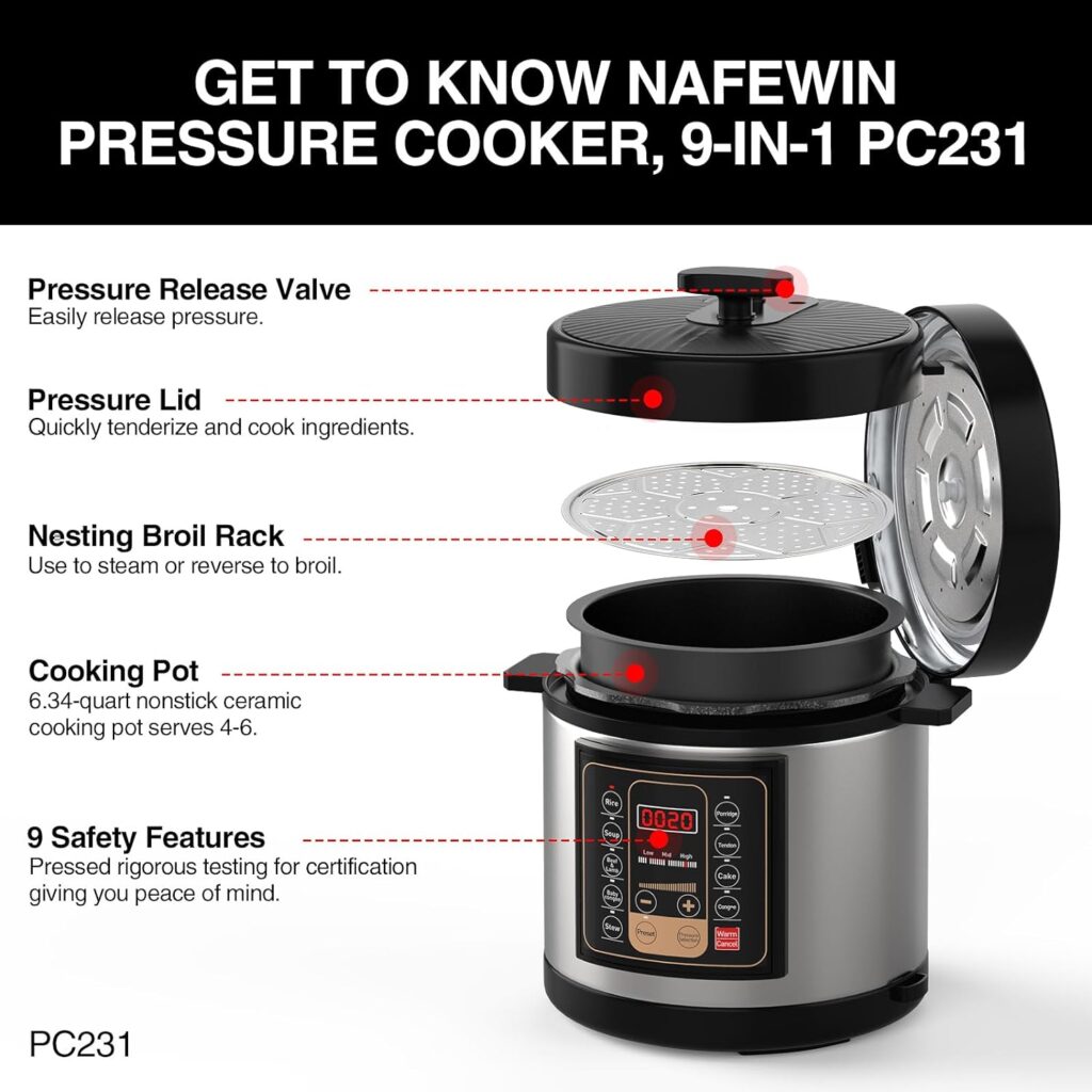 Electric Pressure Cooker 6.34QT NAFEWIN 14-in-1 Electric Multi-Cooker Stainless Steel, Slow Cooker, Rice Cooker, Steamer, Sauté, Yogurt Maker, Warmer  Sterilizer, Recipes, 1000w, 110v