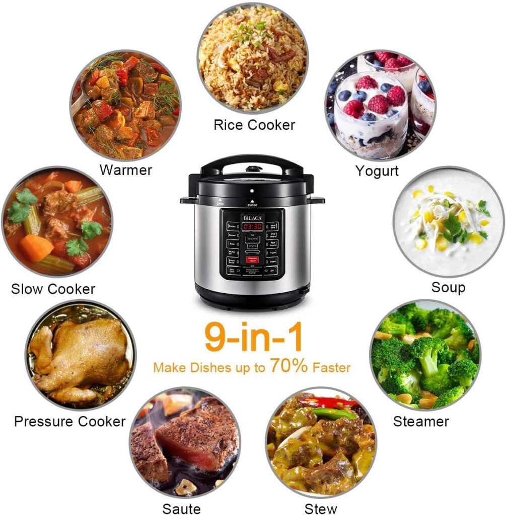 Electric Pressure Cooker,BILACA 6 Qt 9-in-1 Multi Programmable Pressure Cooker,Slow Cooker,Rice Cooker,Steamer,Yogurt Maker,Saut and Warmer With Non-Stick Coating Inner Pot