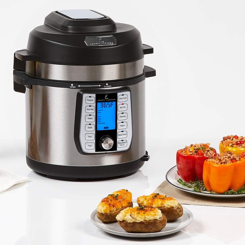 Emeril Everyday Pressure Air Fryer, Stainless steel, 8 Qt with 5 Pc Accessory Pack, Silver