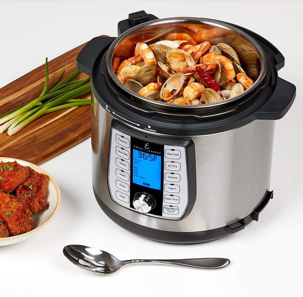 Emeril Everyday Pressure Air Fryer, Stainless steel, 8 Qt with 5 Pc Accessory Pack, Silver