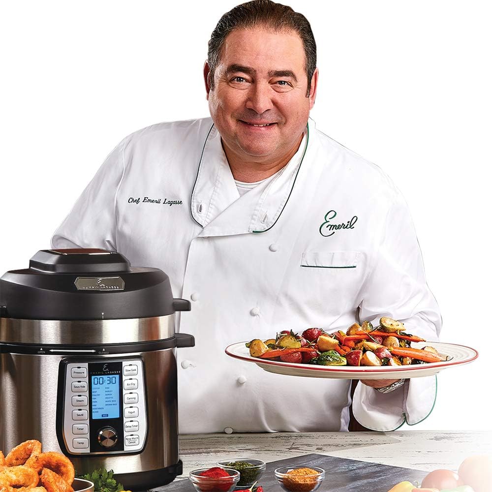 Emeril Everyday Pressure Air Fryer, Stainless steel, 8 Qt with 5 Pc Accessory Pack, Silver