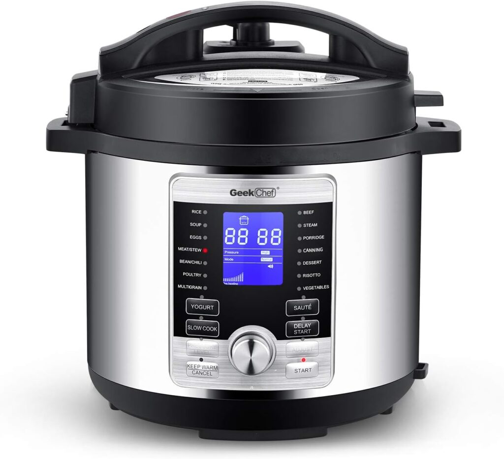 Geek Chef 6 Qt 17-in-1 Multi-Use Electric Pressure Cooker Stainless Steel Inner Pot Programmable LCD Display Digital Slow Cooker, Rice Cooker, Yogurt Maker, Egg Cooker, Sauté, Steamer, Warmer