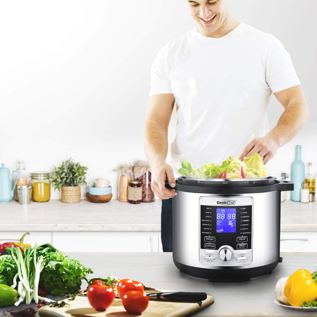 Geek Chef 6 Qt 17-in-1 Multi-Use Electric Pressure Cooker Stainless Steel Inner Pot Programmable LCD Display Digital Slow Cooker, Rice Cooker, Yogurt Maker, Egg Cooker, Sauté, Steamer, Warmer