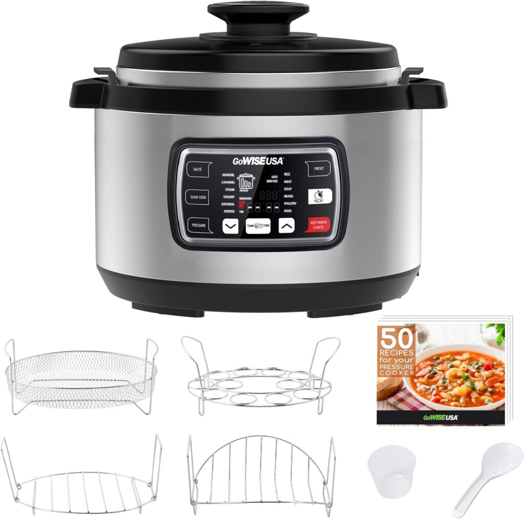 GoWISE USA GW22709 Ovate 9.5-Qt 12-in-1 Electric Pressure Cooker Oval with Slow Cook, Rice, Yogurt, Egg, Saute, Steamer, Keep Warm Functions + Accessories Recipes, Stainless Steel