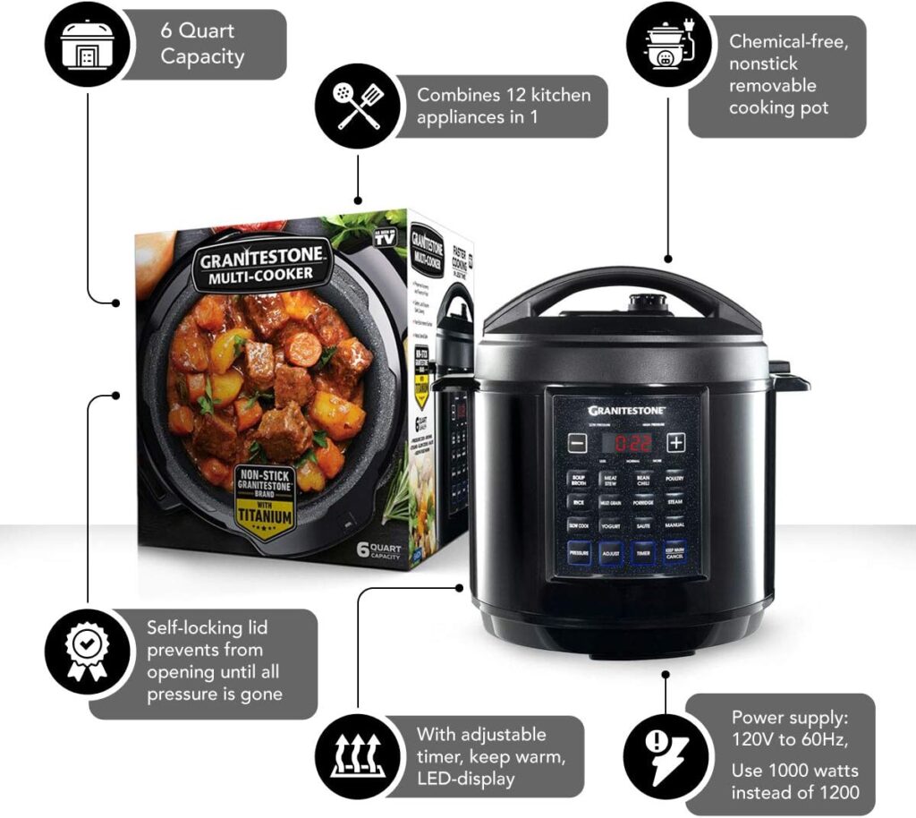 Granitestone 12-in-1 Multicooker with LED Display, Electric Pressure Cooker, Slow Cooker, Rice Cooker, Steamer, Saute, Yogurt Maker and Warmer, 6 Quart, 12 Pre-Set Functions As Seen On TV