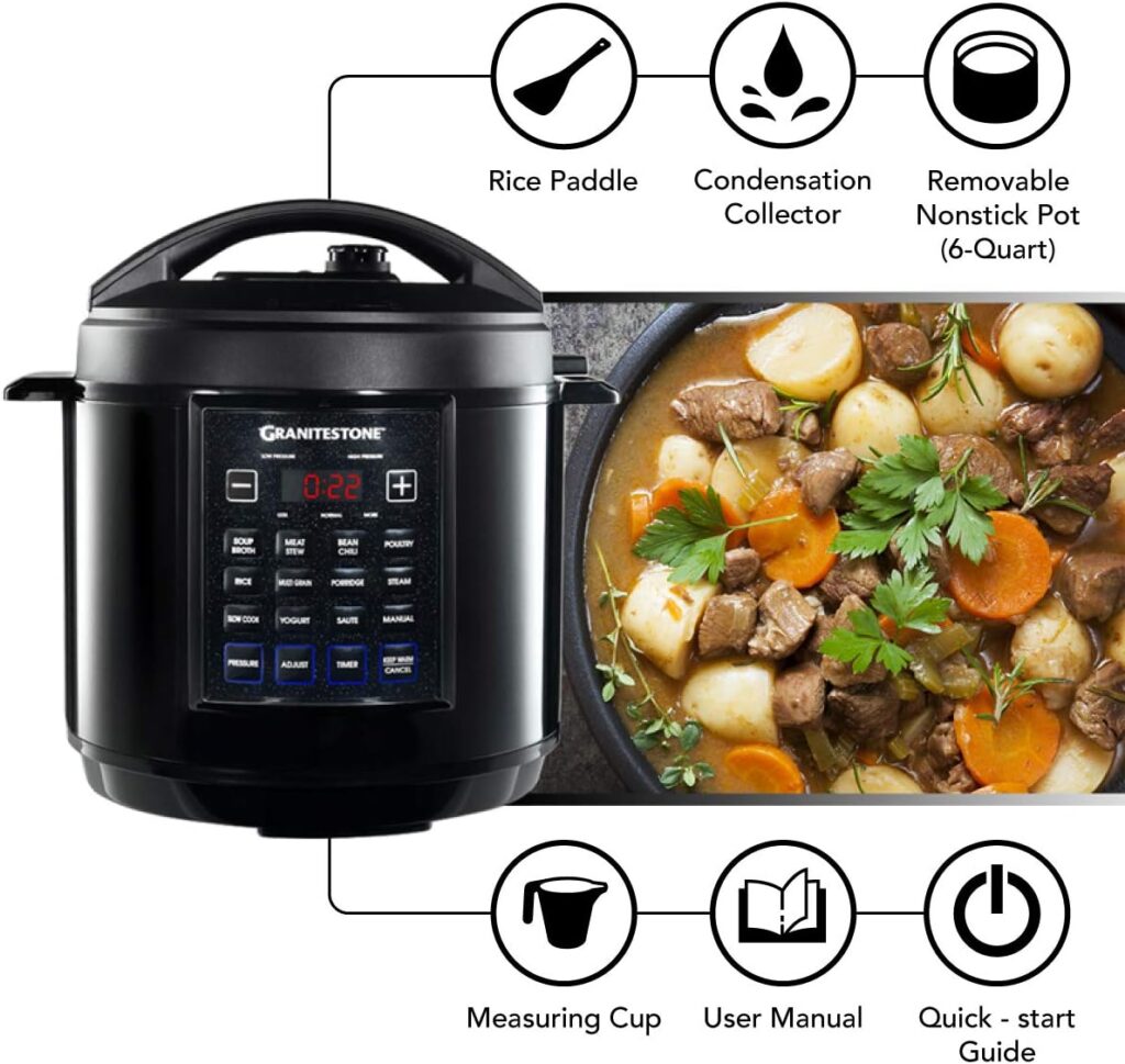 Granitestone 12-in-1 Multicooker with LED Display, Electric Pressure Cooker, Slow Cooker, Rice Cooker, Steamer, Saute, Yogurt Maker and Warmer, 6 Quart, 12 Pre-Set Functions As Seen On TV