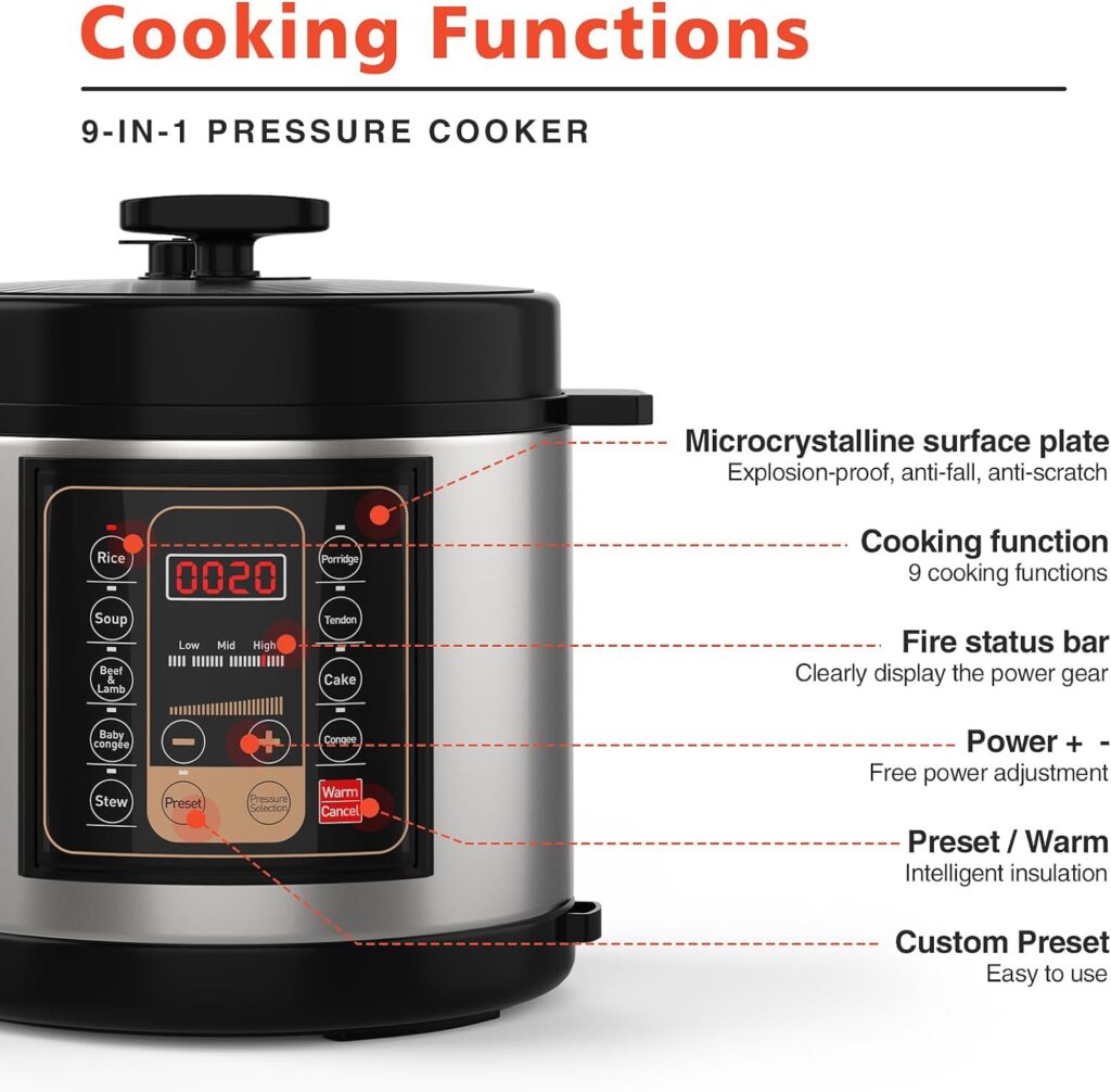 GTKZW Electric Pressure Cooker, 6 Quart Pressure Cooker Stainless Steel, 9-in-1 Multi-Functional Programmable Instant Cooker Pressure Pot with Slow Cooker,Including Stir-fry, Rice Cooker, Yogurt Maker