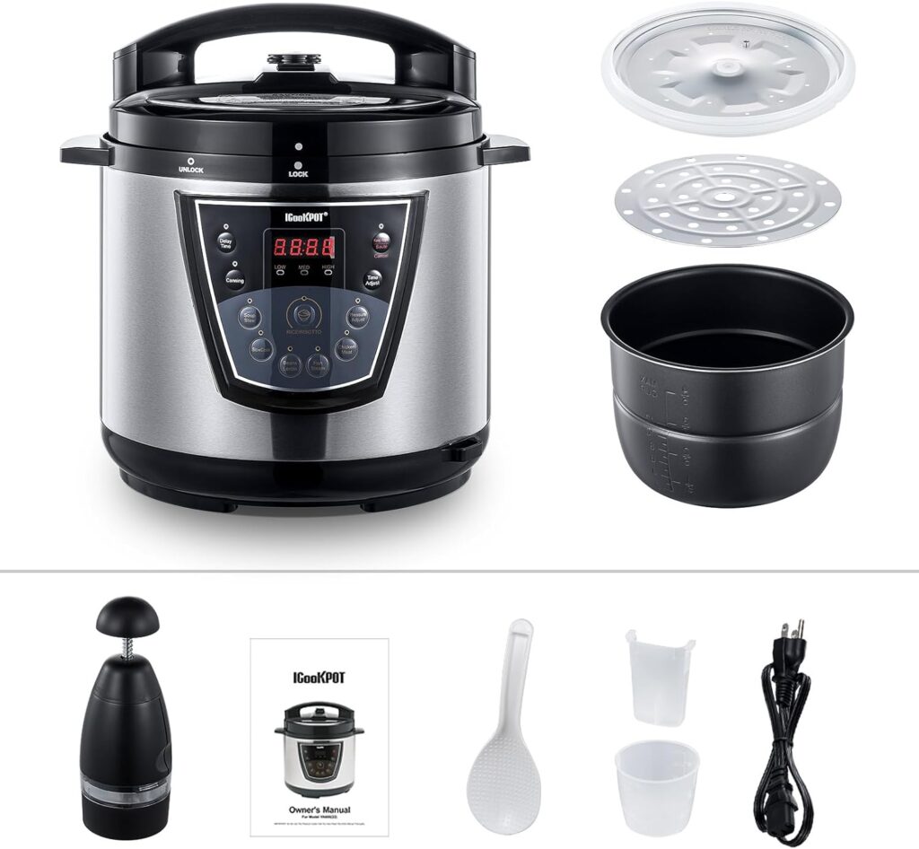 ICOOKPOT 6 Qt Electric Pressure Cooker 9-in-1 Multi- Use Programmable Pressure Cooker, Slow Cooker, Saute, Yogurt Maker, Rice Cooker, Steamer, Soup and Warmer, with Stainless Steel Inner Pot, Steam Rack and Free Recipes (Stainless Steel-Black)