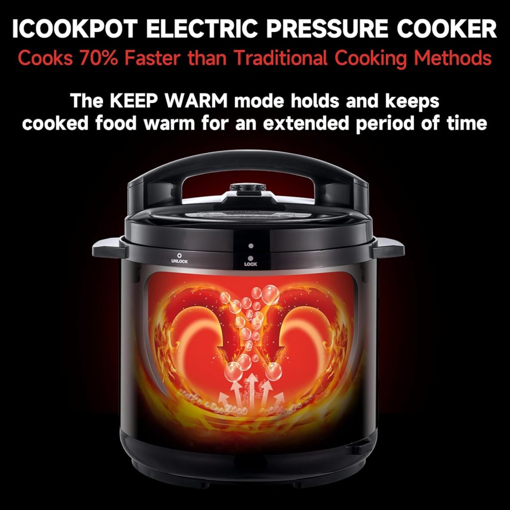 ICOOKPOT 6 Qt Electric Pressure Cooker 9-in-1 Multi- Use Programmable Pressure Cooker, Slow Cooker, Saute, Yogurt Maker, Rice Cooker, Steamer, Soup and Warmer, with Stainless Steel Inner Pot, Steam Rack and Free Recipes (Stainless Steel-Black)