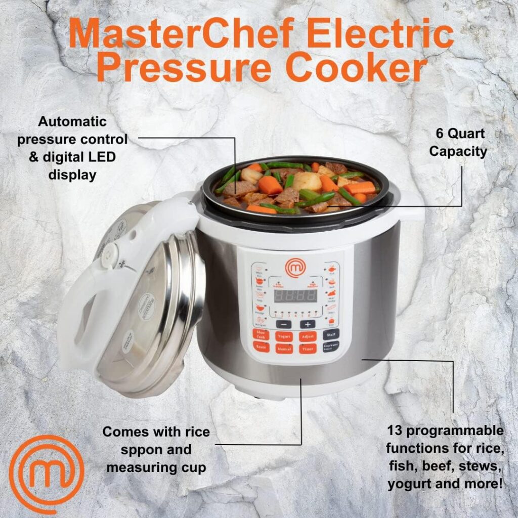 MasterChef 13-in-1 Pressure Cooker- 6 QT Electric Digital Instant MultiPot w 13 Programmable Functions- High and Low Pressure Slow Non-Stick Pot Cooking Warmer Options, LED Display, Delay Timer, Rice