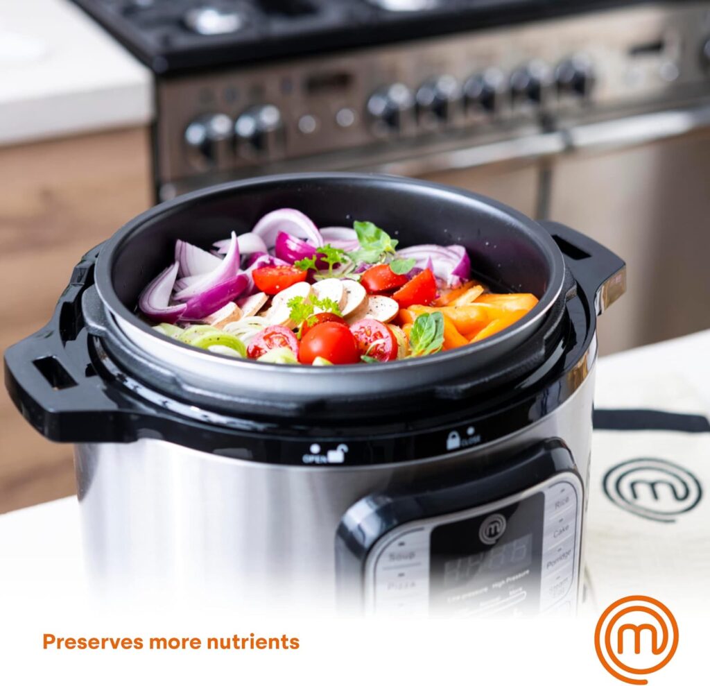 MasterChef Electric Pressure Cooker 10 in 1 Instapot Multicooker 6 Qt, Slow Cooker, Vegetable Steamer, Rice Maker, Digital Programmable Insta Pot with 18 Cooking Presets, Stainless Steel, Non Stick