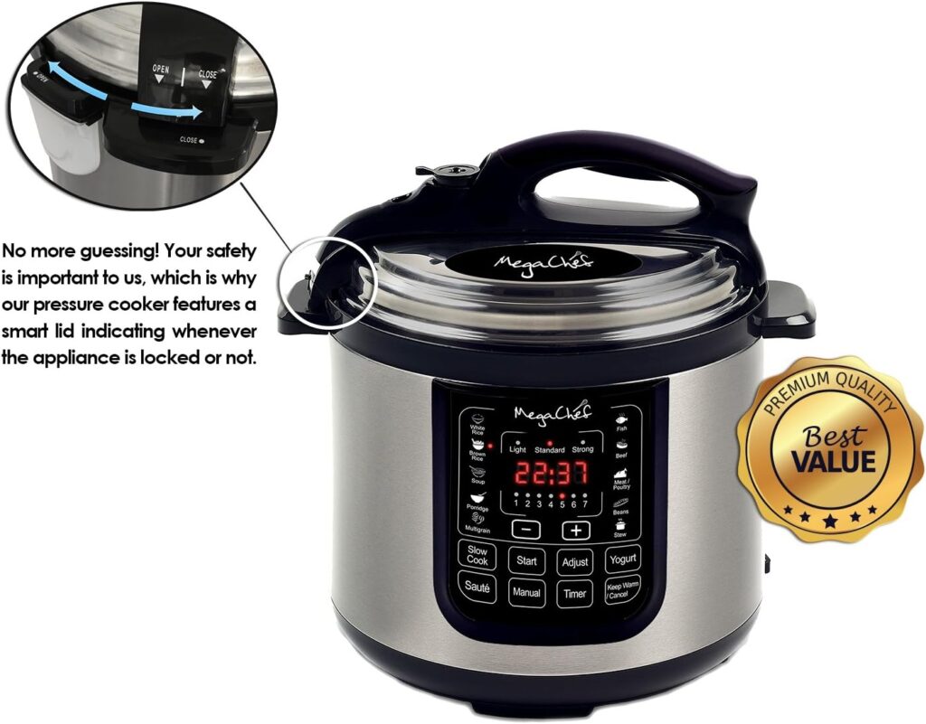 MegaChef MCPR120A 8 Quart Digital Pressure Cooker with 13 Pre-set Multi Function Features, Stainless Steel