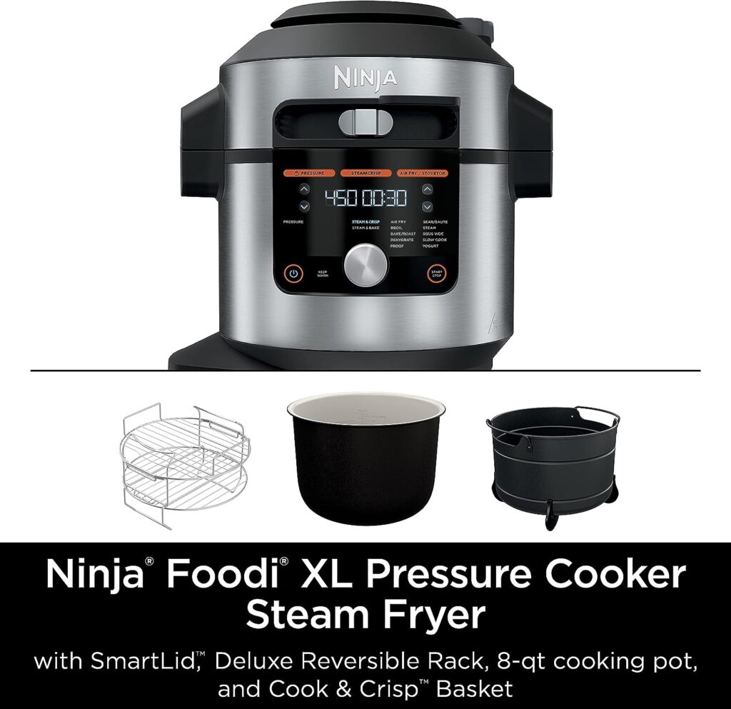 Ninja OL501 Foodi 6.5 Qt. 14-in-1 Pressure Cooker Steam Fryer with SmartLid, that Air Fries, Proofs  More, with 2-Layer Capacity, 4.6 Qt. Crisp Plate  25 Recipes, Silver/Black