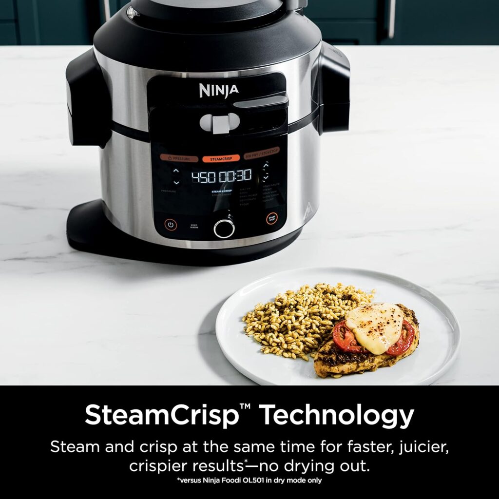 Ninja OL501 Foodi 6.5 Qt. 14-in-1 Pressure Cooker Steam Fryer with SmartLid, that Air Fries, Proofs  More, with 2-Layer Capacity, 4.6 Qt. Crisp Plate  25 Recipes, Silver/Black