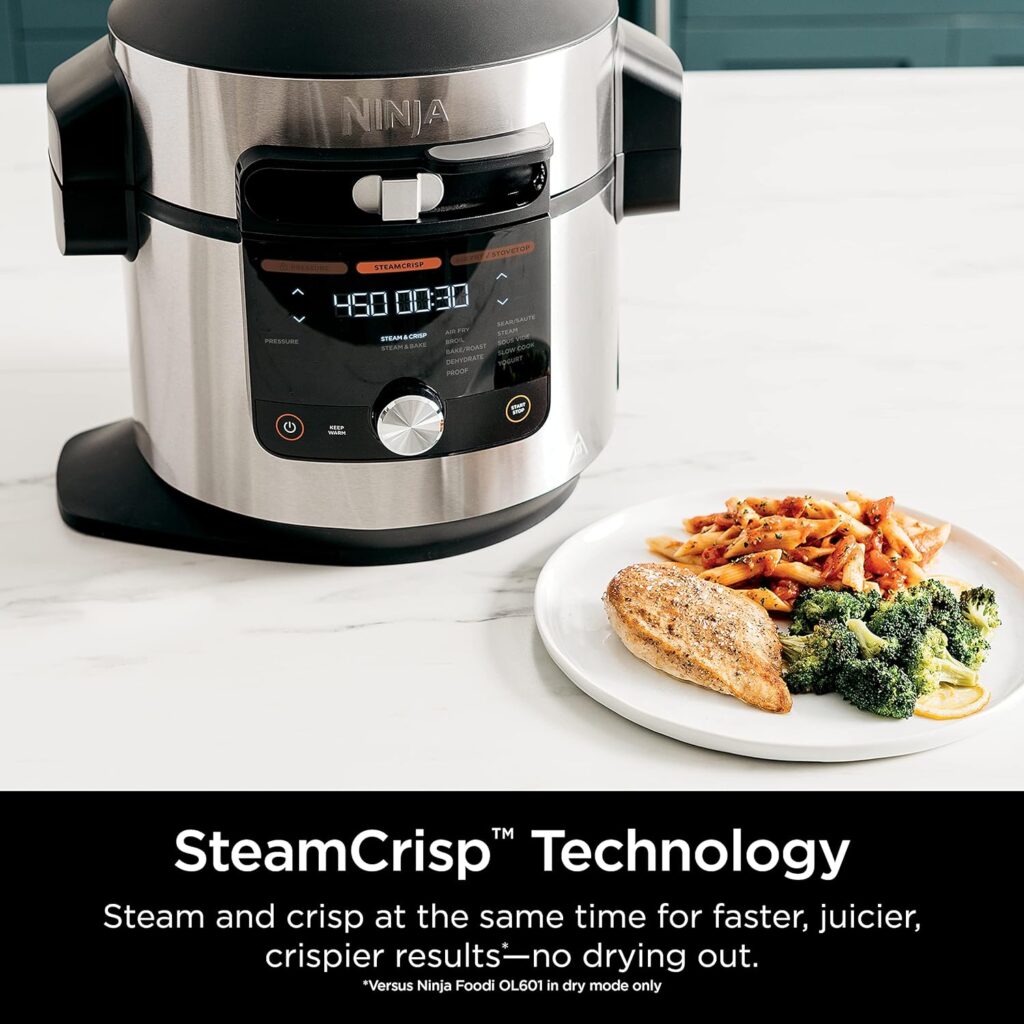 Ninja OL501 Foodi 6.5 Qt. Pressure Cooker Steam Fryer with SmartLid, 14-in-1 that Air Fries, Bakes  More, with 2-Layer Capacity  4.6 Qt. Crisp Plate, Silver/Black (Renewed)