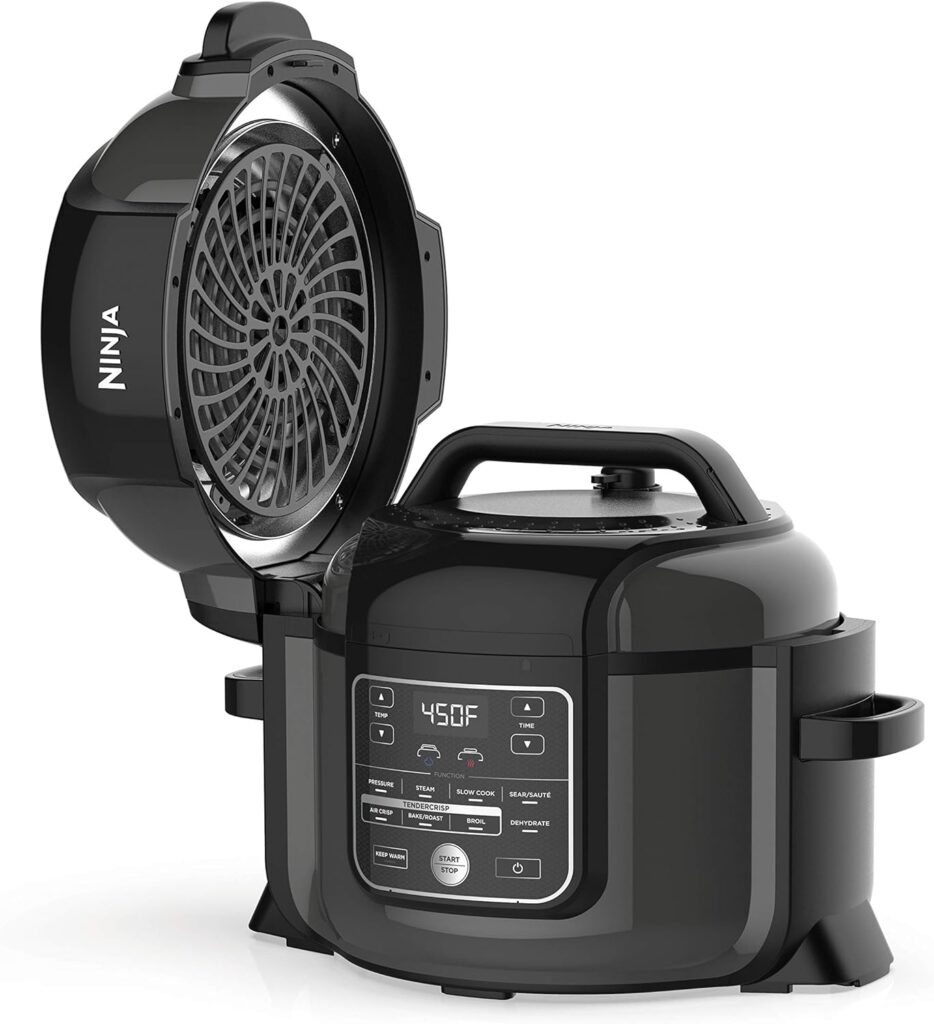 Ninja OP302 Foodi 9-in-1 Pressure, Broil, Dehydrate, Slow Cooker, Air Fryer, and More, with 6.5 Quart Capacity and 45 Recipe Book, and a High Gloss Finish