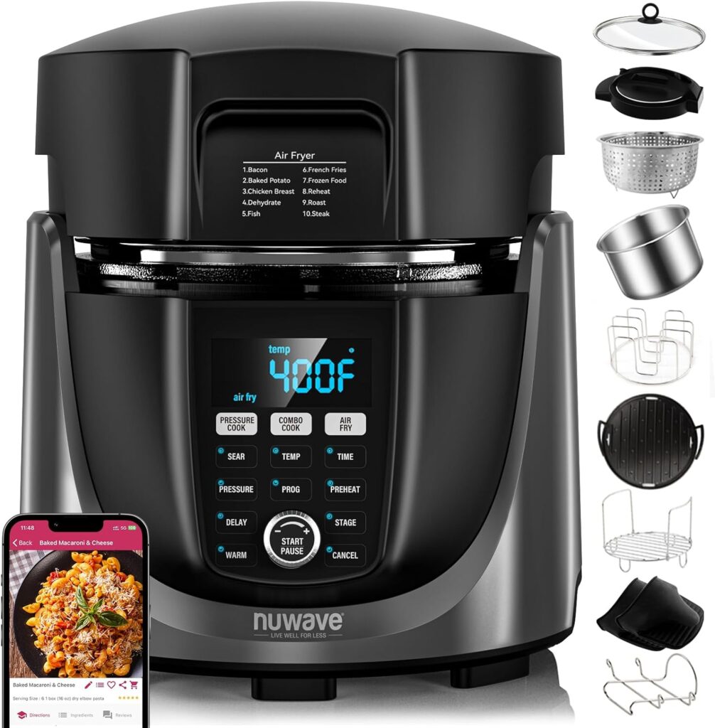 NuWave Duet Air Fryer, Electric Pressure Cooker  Grill Combo, 540 IN 1 Multicooker with 3 Removable Lids that Slow Cook, Sears, Sautés, 18/10 SS Pot, Sure-Lock Safety Tech  10 Deluxe Accessories