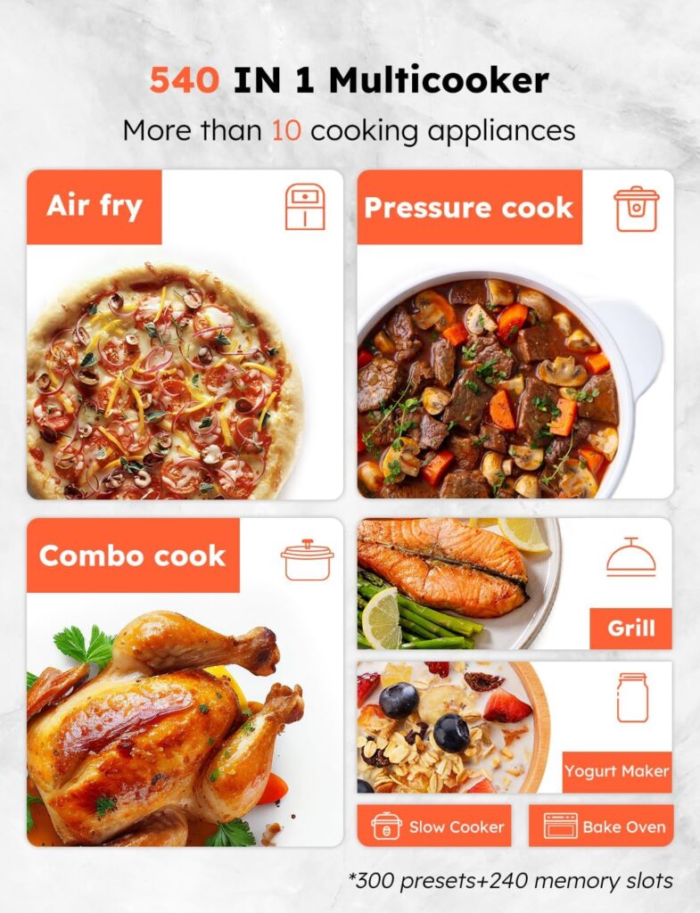 NuWave Duet Air Fryer, Electric Pressure Cooker  Grill Combo, 540 IN 1 Multicooker with 3 Removable Lids that Slow Cook, Sears, Sautés, 18/10 SS Pot, Sure-Lock Safety Tech  10 Deluxe Accessories