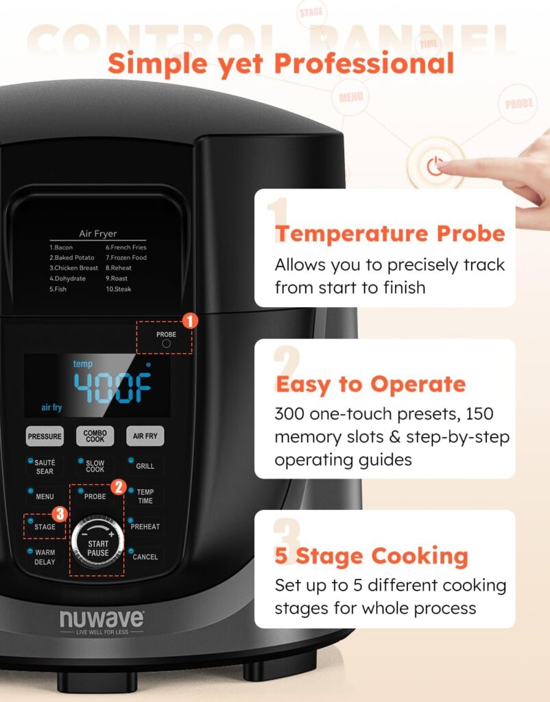 NuWave Duet Electric Pressure Cooker  Air Fryer Combo, 450 IN 1 Slow Cooker  Grill with Integrated Digital Temp Probe, 6qt SS Pot, Adjustable High/Low Pressure, Built-in Sure-Lock Safety Tech