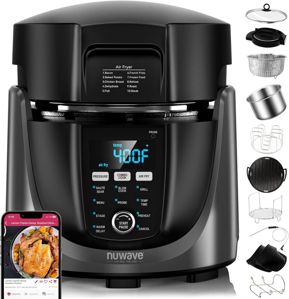 NuWave Duet Electric Pressure Cooker  Air Fryer Combo, 450 IN 1 Slow Cooker  Grill with Integrated Digital Temp Probe, 6qt SS Pot, Adjustable High/Low Pressure, Built-in Sure-Lock Safety Tech