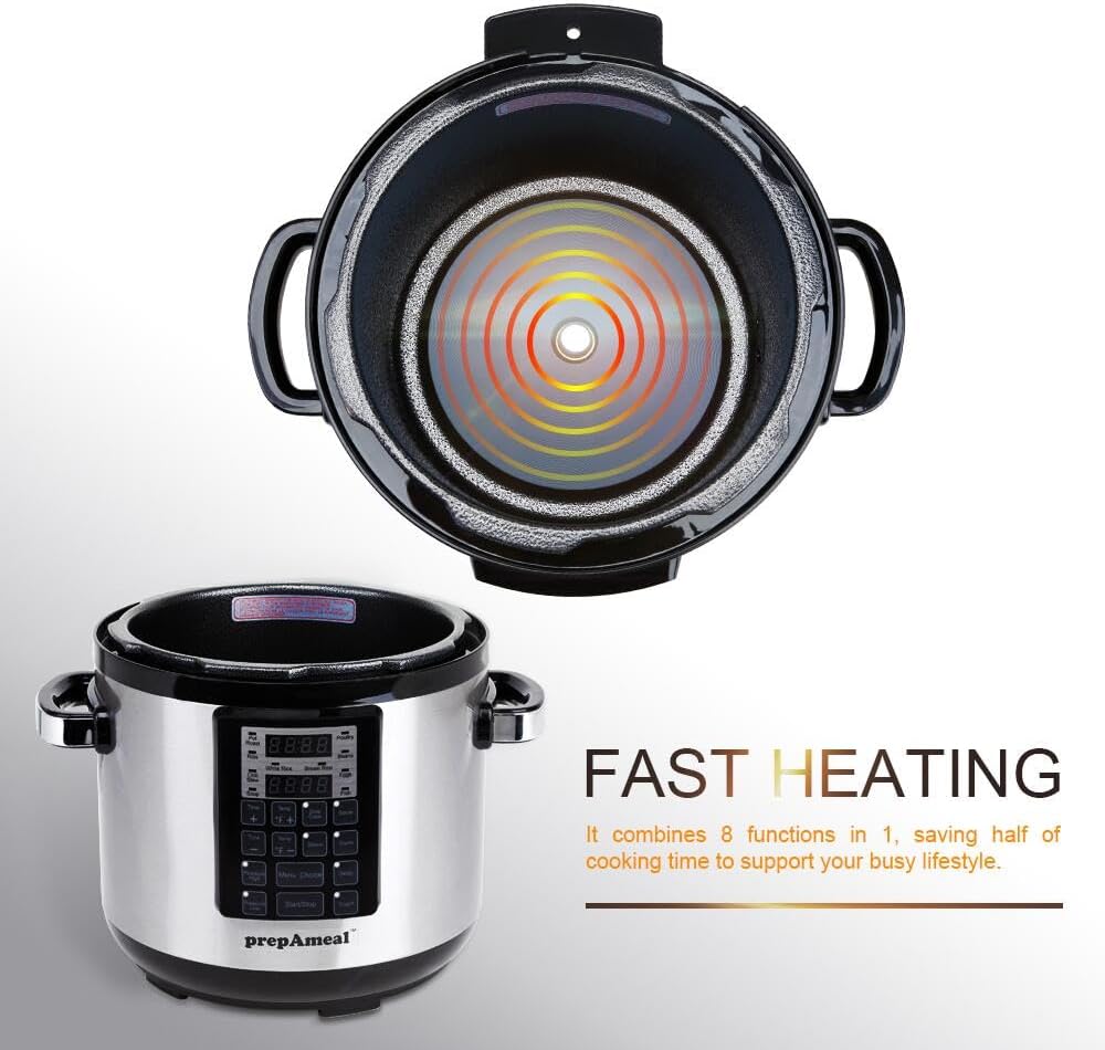 prepAmeal 6QT 8 IN 1 Pressure Cooker MultiUse Programmable Instant Cooker Pressure Pot with Slow Cooker, Rice Cooker, Steamer, Sauté, Yogurt, Warmer