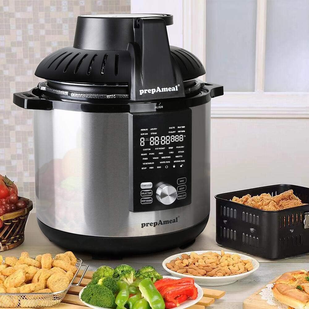 prepAmeal 8Qt Pressure Cooker  Air Fryer Combo with Pressure Lid and Air-Fry Lid - 7-in-1 cooking Modes, Easy Read LCD Display, 27 Presets Programs,  8 Program Storage. (Silver, 8 Quart)