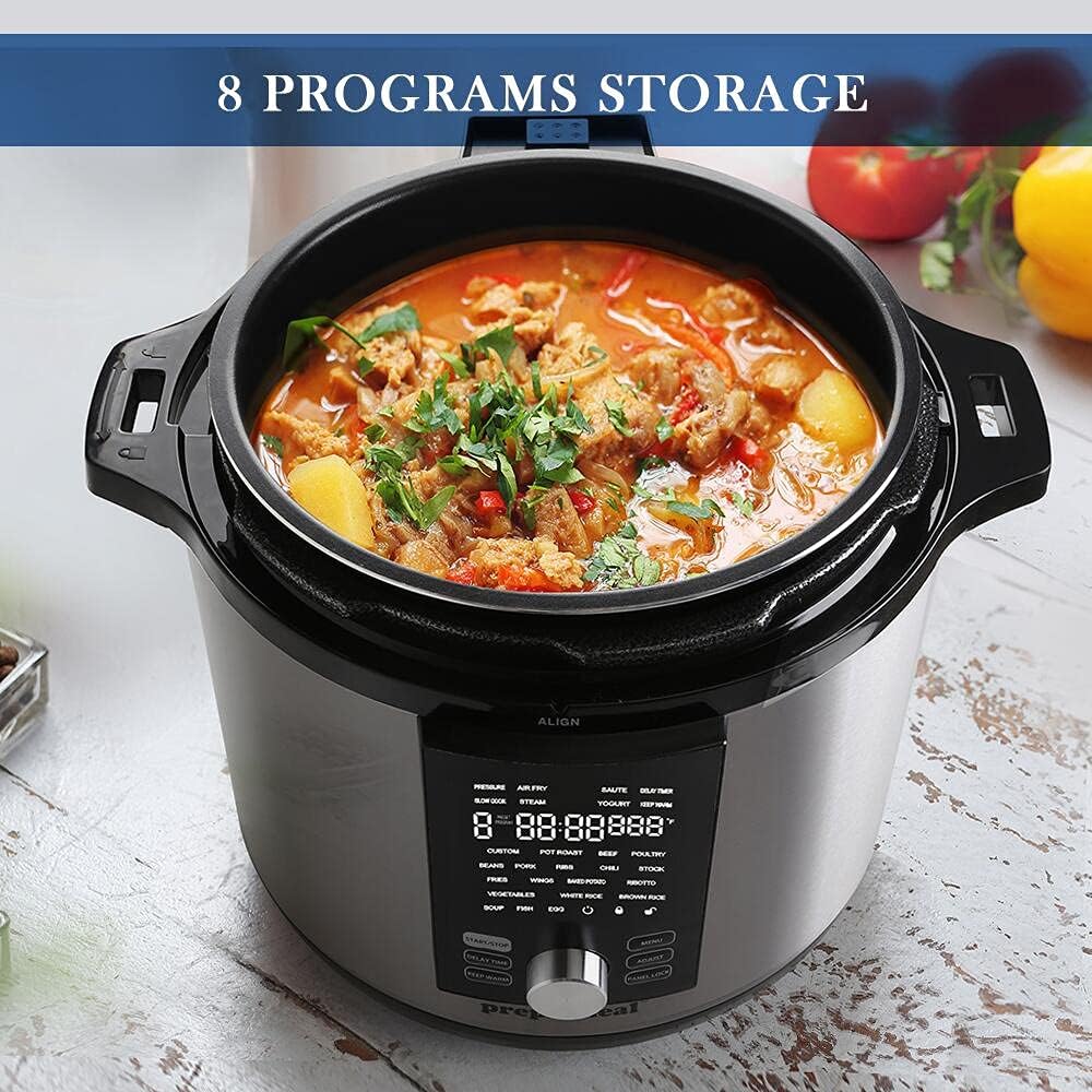 prepAmeal 8Qt Pressure Cooker  Air Fryer Combo with Pressure Lid and Air-Fry Lid - 7-in-1 cooking Modes, Easy Read LCD Display, 27 Presets Programs,  8 Program Storage. (Silver, 8 Quart)