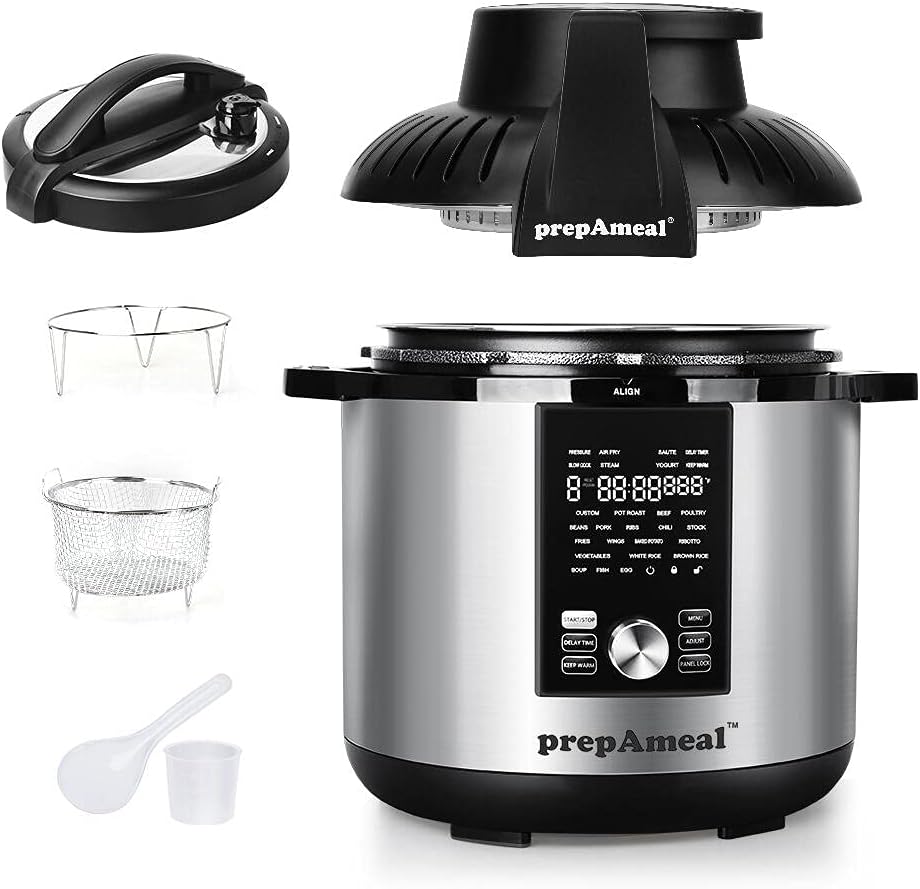 prepAmeal 8Qt Pressure Cooker  Air Fryer Combo with Pressure Lid and Air-Fry Lid - 7-in-1 cooking Modes, Easy Read LCD Display, 27 Presets Programs,  8 Program Storage. (Silver, 8 Quart)