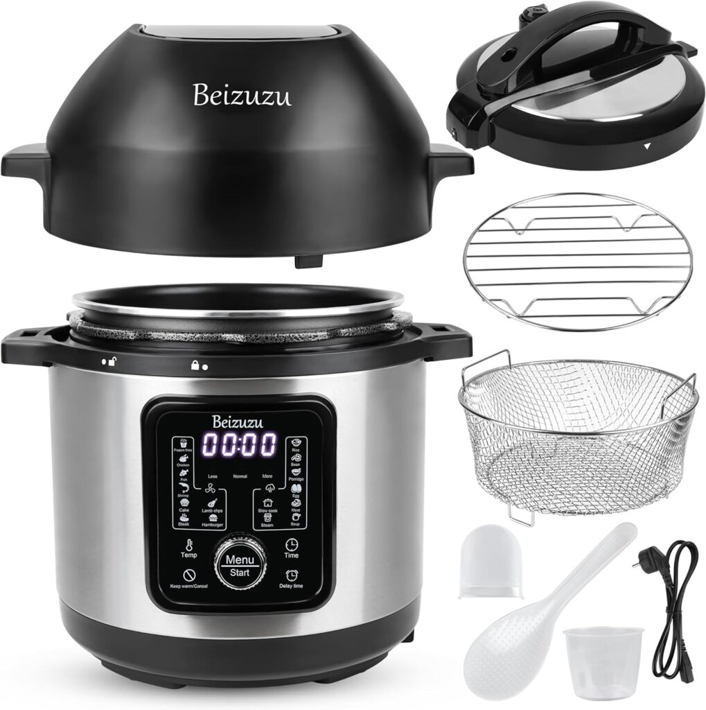 Pressure Cooker Air Fryer Combo: 6 Quart 8 in 1 Electric Pressure Cooker with Air Fryer Lid, Multi Cooker with Slow Cooker, Rice Cooker, Steamer, etc, Include Stainless Steel Fry Basket, Roast Rack