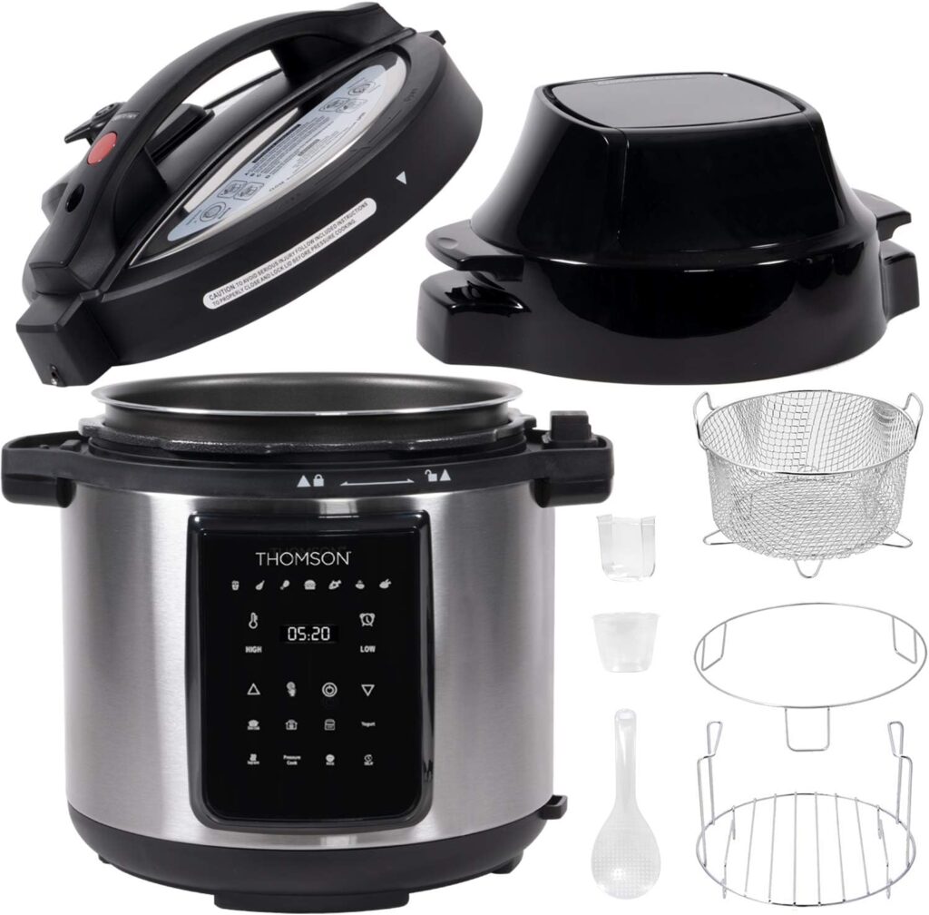 Thomson TFPC607 9-in-1 Pressure Cooker and Air Fryer with Dual Lid, Slow Cooker and More, Digital Touch Display, 6.5 QT Capacity, Included Cooking Accessories - Stainless Steel