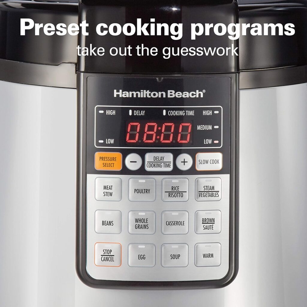 Hamilton Beach 12-in-1 QuikCook Pressure Cooker with True Slow Cook Technology, Rice, Sauté, Egg and More, 8qt., Black and Stainless (34508)