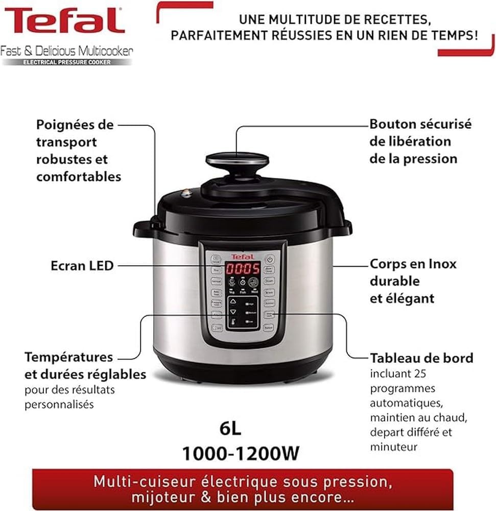 Tefal FastDelicious Multicooker 6 L (up to 6 people), 25 automatic programs, safe pressure cooking, steaming, slow cooking, warms CY505E10