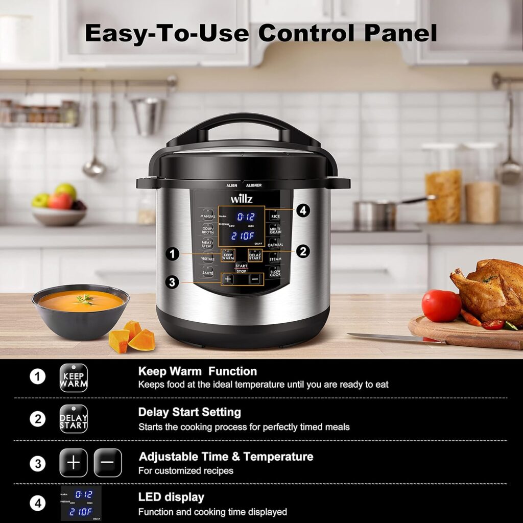 Willz 6-in-1 Multi-Use Programmable Pressure Cooker, Slow Cooker, Rice Cooker, Steamer, Sauté,  Food Warmer, 6 Qt, Stainless Steel